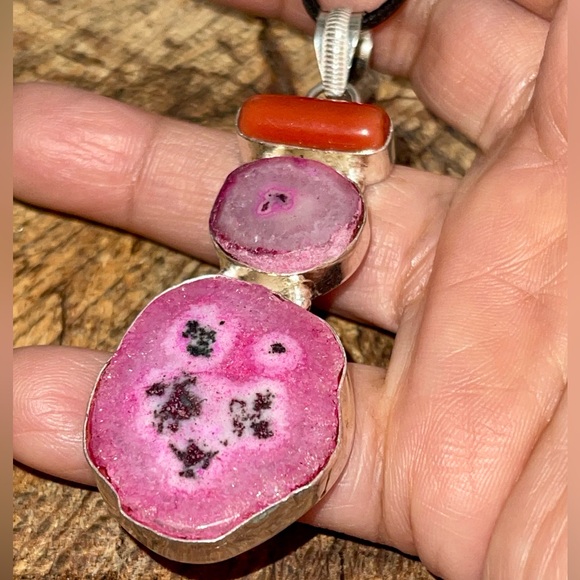 Drusy Solar Quartz & Red Coral Pendant 3” - Picture 6 of 12